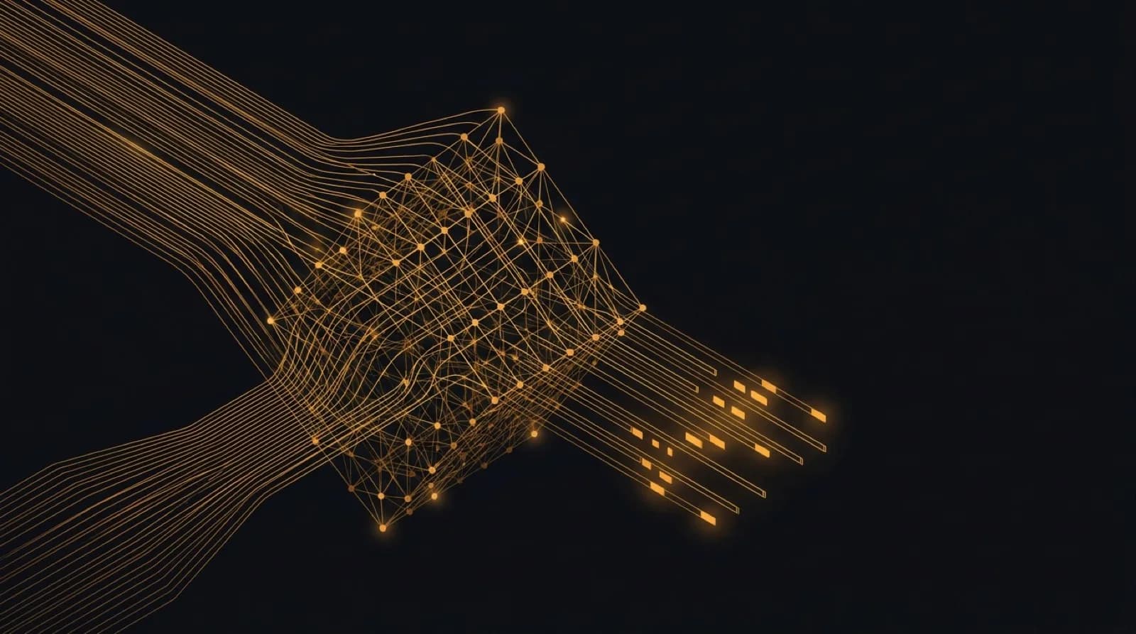 An unstructured stream passing through a processing lattice and emerging as ordered rows, illustrating AI automation and document analysis.