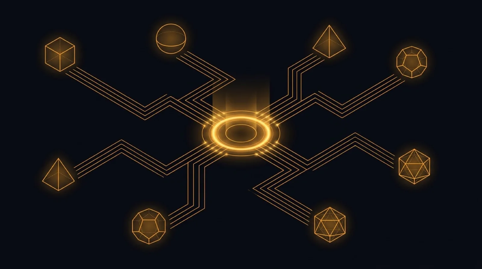 Six systems connected by routed lines into a central hub, illustrating custom API development and system integration services.