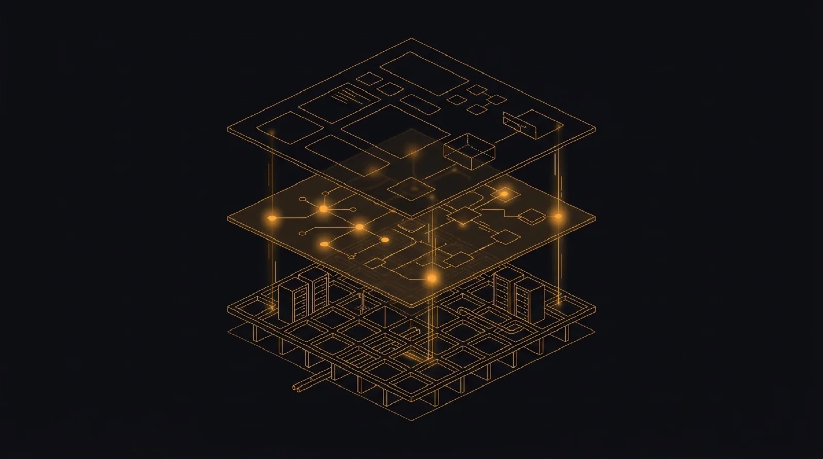 Layered architecture diagram: an interface plane above a logic and data plane above an infrastructure grid, illustrating end-to-end full-stack web application development.