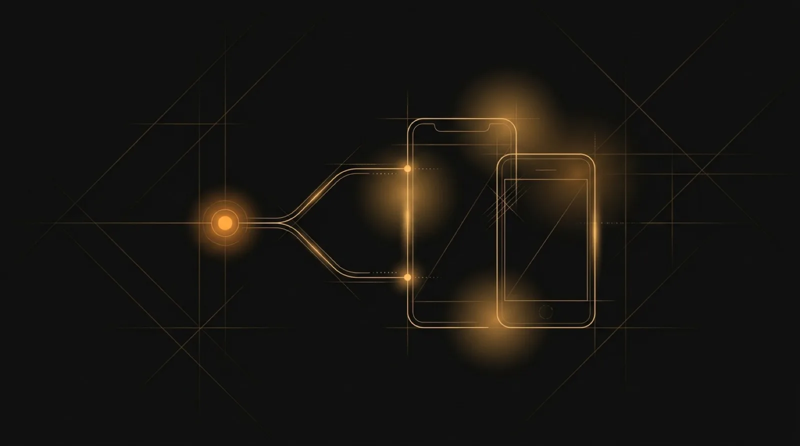 A single source node branching into two device outlines, illustrating cross-platform mobile app development for iOS and Android from one codebase.
