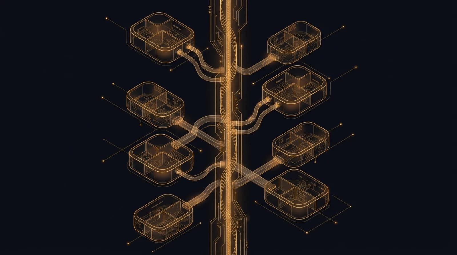 A grid of isolated tenant cells joined to a shared central spine, illustrating multi-tenant SaaS platform and custom CRM development.