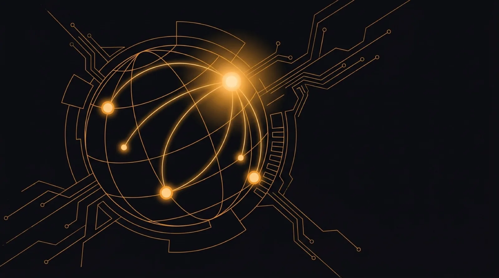 A wireframe globe with four connected nodes, one brighter than the rest, illustrating LevelThree Co's Toronto headquarters and its offices across North America and Asia.